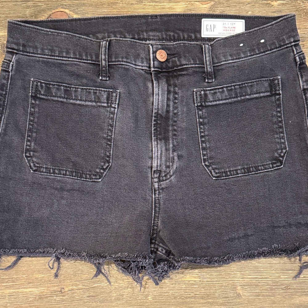 GAP 70s Flare High Rise Black Cut Off‎ Frayed Denim Shorts Size 12